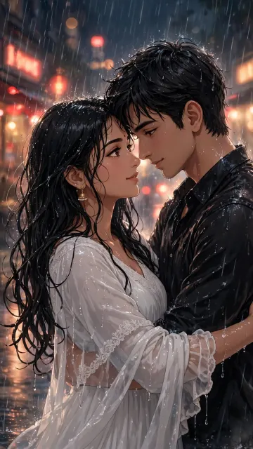 White Dress Couple Rainy Night Wallpaper - Romantic Forehead Touch 4K Mobile