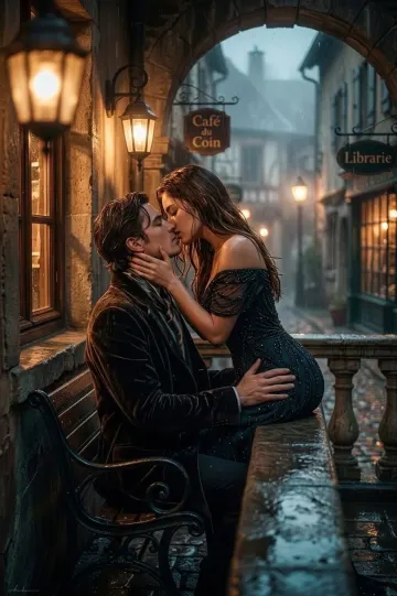 Vintage Rainy Day Kiss: Dark Romance Aesthetic Couple Art
