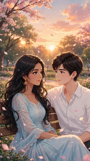 Sky Blue Dress Sunset Park Couple Wallpaper - Golden Hour Aesthetic 4K