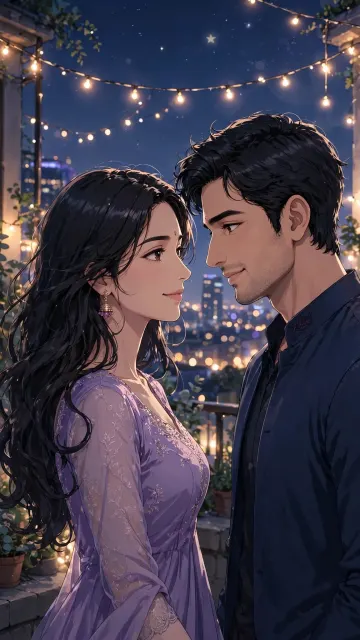 Lavender Dress Rooftop Fairy Lights Couple Wallpaper - Mature Romance 4K