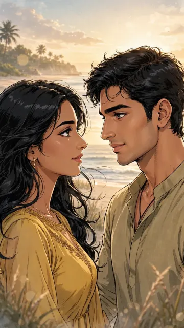 Indian Skin Manhwa Couple Beach Sunrise Wallpaper - Yellow Dress 4K