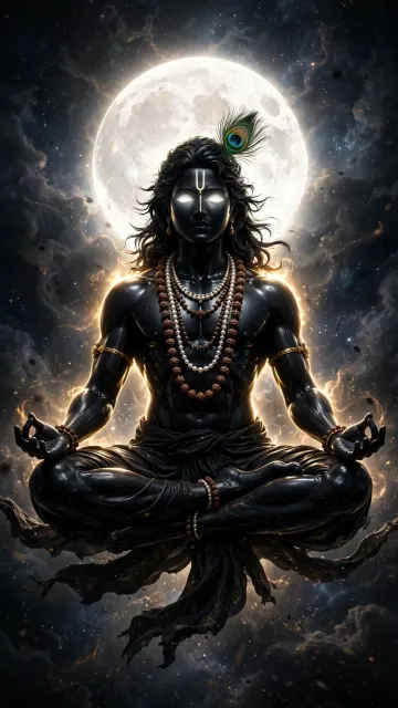Black Krishna Meditating Under Full Moon - Divine Dark Aesthetic 4K Wallpaper