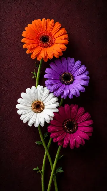 4 Colorful Gerbera Daisies Orange Purple White Magenta - Dark Aesthetic 4K Wallpaper