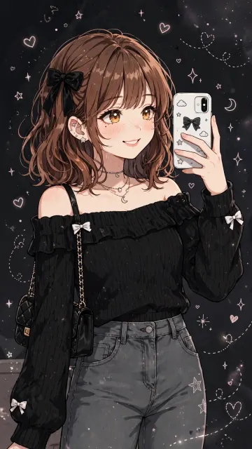 Cute Anime Girl Black Top Mirror Selfie Bow - Dark Aesthetic 4K Wallpaper