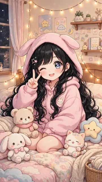 Cute Anime Girl Pink Bunny Hoodie Peace Sign Winking - Cozy Bedroom 4K Wallpaper