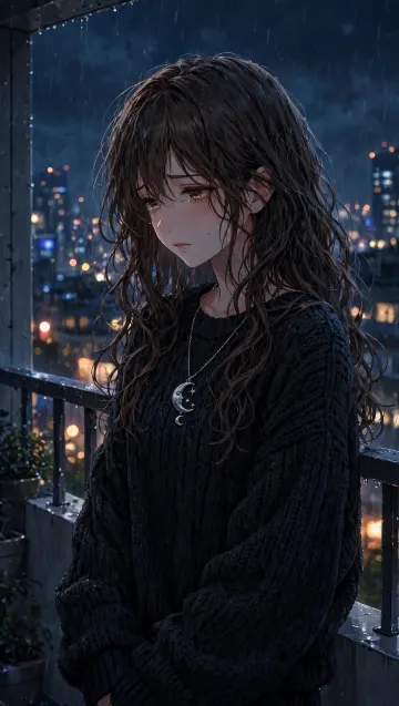 Sad Anime Girl Light Rain Balcony Moon Necklace - Less Rain Drops Emotional 4K Wallpaper