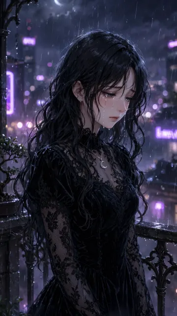 Sad Anime Girl Black Dress Crying Rainy Window Night - Dark Aesthetic 4K Wallpaper