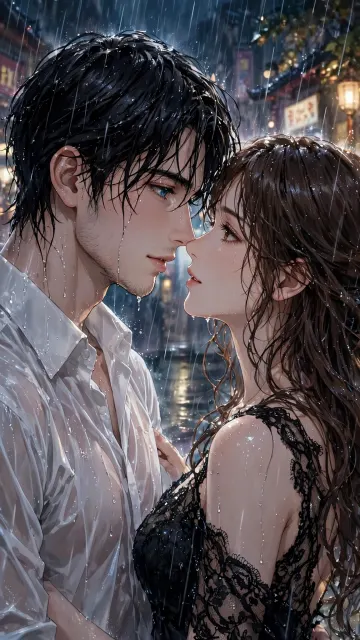 Anime Couple In Rain Black Dress Girl White Shirt Boy Romantic Love 4K Wallpaper