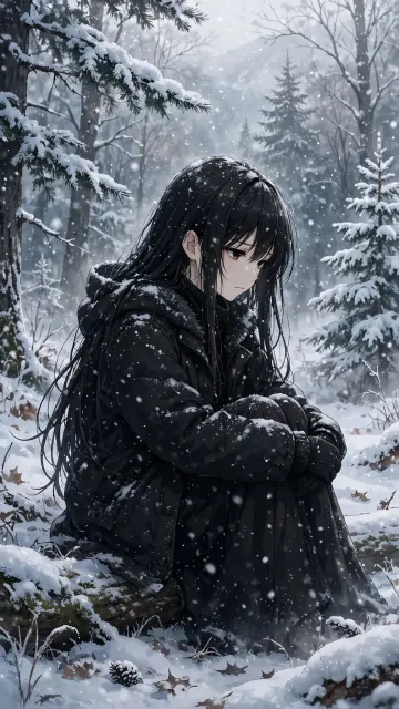 A Lonely Winter Wallpaper Girl In Snow Forest - Sad Snowy Anime 4K Wallpaper