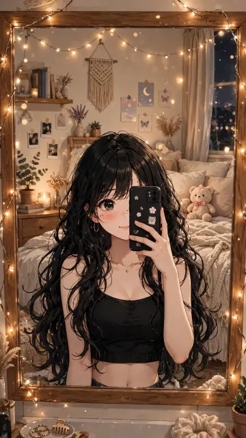 Anime Mirror Selfie Girl Wallpaper - Cute Black Top Bedroom Aesthetic 4K Wallpaper