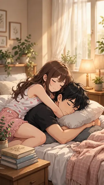Mornings Are Better With You Couple Cuddling Hug On Bed Warm Morning Light Cozy Bedroom Wallpaper 9:16 4K HD