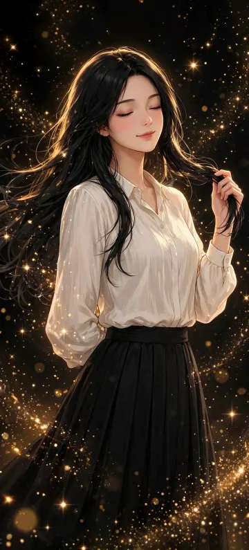 Dreamy Anime Girl Holding Hair White Shirt Black Skirt Starry Golden Sparkles Dark Background Wallpaper 9:16 4K HD