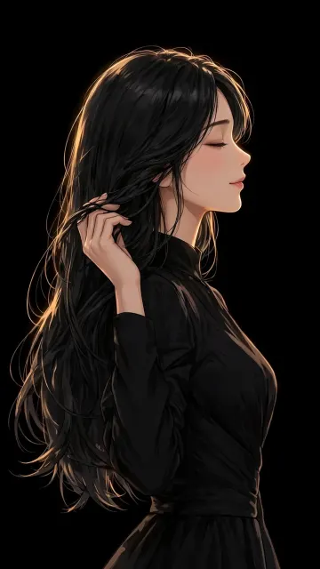 Anime Girl Black Dress Side Profile Hair Touch Pure Dark Background Minimal Wallpaper 4K HD