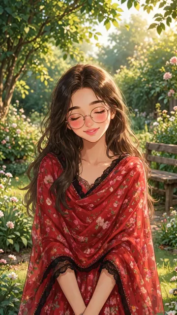 Beautiful Anime Girl Red Floral Saree Garden Background Sunlight Golden Hour Aesthetic Wallpaper 9:16 4K HD 