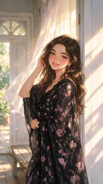 Beautiful Anime Girl Black Floral Saree Window Sunlight Garden Background Aesthetic Wallpaper 9:16 4K HD