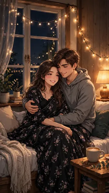 Beautiful Anime Couple Night Cuddle Fairy Lights Cozy Bedroom Romantic Wallpaper 9:16 4K HD