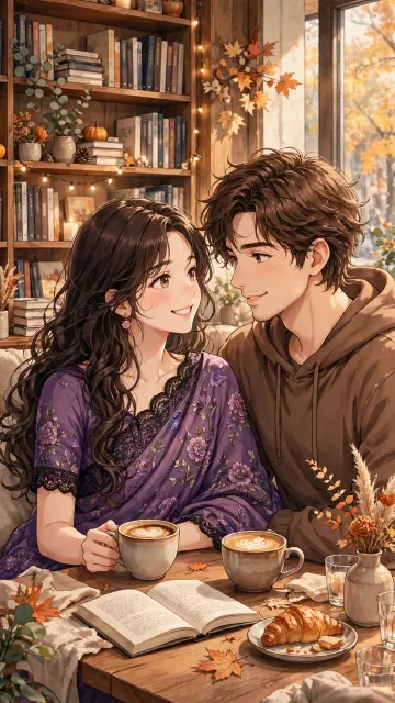 Cozy Couple Bookstore Cafe Autumn Coffee Date Aesthetic Wallpaper 9:16 4K HD Trending