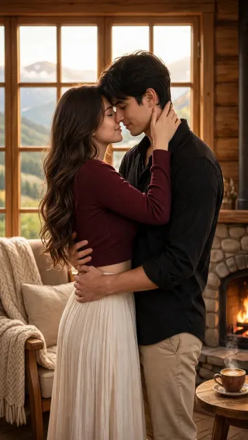 Cozy Cabin Couple Burgundy Top Forehead Touch Realistic DSLR Photography Wallpaper 9:16 4K HD