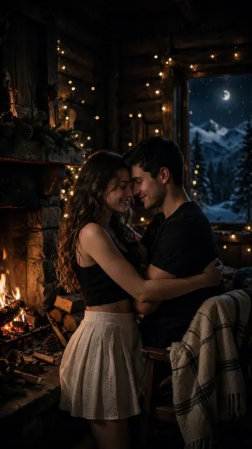 Dark Theme Couple Cabin Midnight Fireplace Moonlight Fairy Lights Moody Aesthetic Wallpaper 9:16 4K HD AMOLED