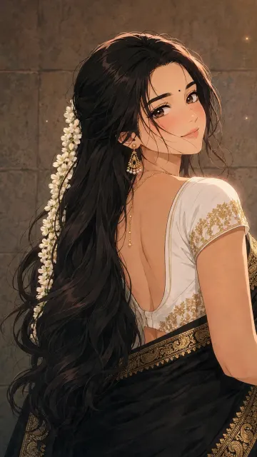 Black Saree Gold Border Jasmine Gajra Girl Backless Blouse HD Clean Wallpaper 9:16 4K Ultra HD
