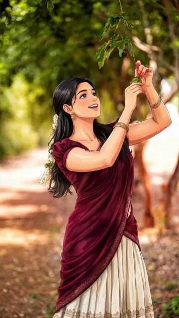 Wine Maroon Saree With Cream Skirt Girl In Forest Garden Leaf Wallpaper 9:16 4K HD