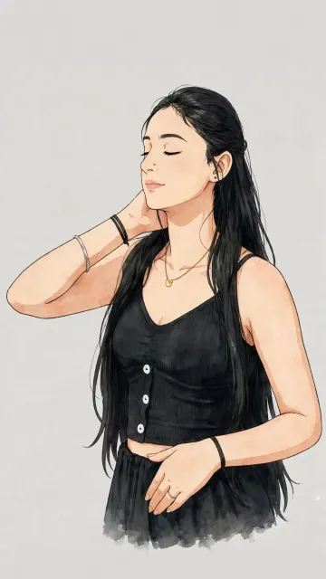 Beautiful Girl Eyes Closed Black Button Crop Top Anime Style Plain Grey Background Wallpaper 9:16 4K HD