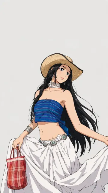 Boho Girl Straw Cowboy Hat Blue Tube Top White Skirt Anime Ghibli Oil Painting Plain Grey Background Wallpaper 9:16 4K HD