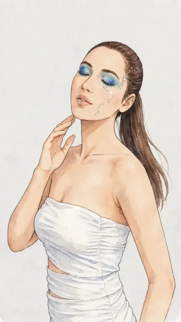 Glam Girl White Strapless Dress Blue Glitter Rhinestone Eye Makeup Anime Ghibli Oil Painting Plain Grey Background Wallpaper 9:16 4K HD