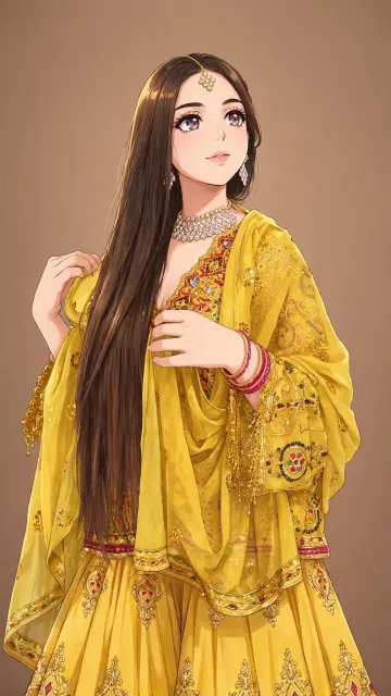 Indian Bride Long Hair Yellow Embroidered Sharara Diamond Choker Warm Dark Brown Textured Background Wallpaper 9:16 4K HD