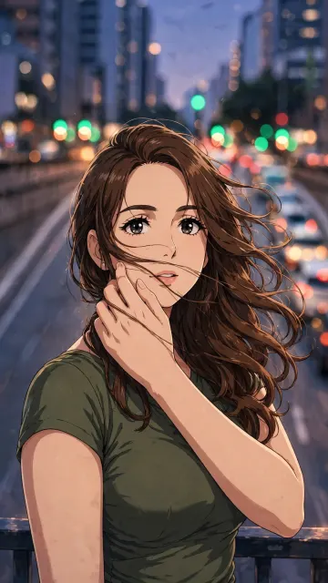 Beautiful Woman Olive Tshirt Wavy Hair Windy City Street Bokeh Lights Background Anime Ghibli Oil Painting Wallpaper 9:16 4K HD