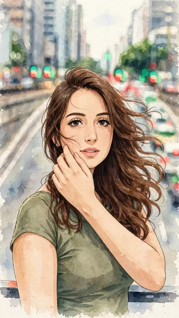 Beautiful young woman with long wavy brown hair wearing olive green t-shirt posing on city overpass with hand on cheek windy hair blowing across face portrait wallpaper 4k HD