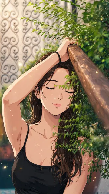 Beautiful Woman Black Tank Top Leaning Railing Green Leaves