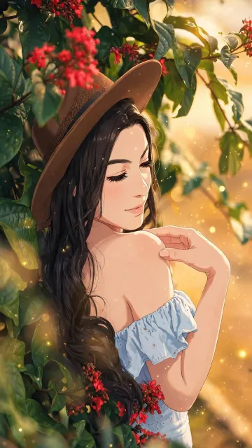 Hat Girl Red Flowers Golden Hour Anime Ghibli Wallpaper 4K 9:16