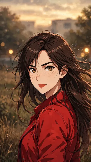 Red Top Girl Sunset Outdoor Anime Ghibli Wallpaper 4K 9:16