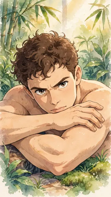 Curly Hair Man Intense Pose Plants BG Anime Ghibli Wallpaper 4K 9:16