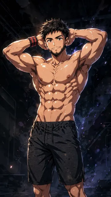 Muscular Fitness Man Abs Pose Dark Studio Anime Ghibli Wallpaper 4K 9:16