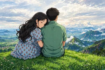 Couple Hilltop Mountain View 3:2 Anime Ghibli Wallpaper 4K