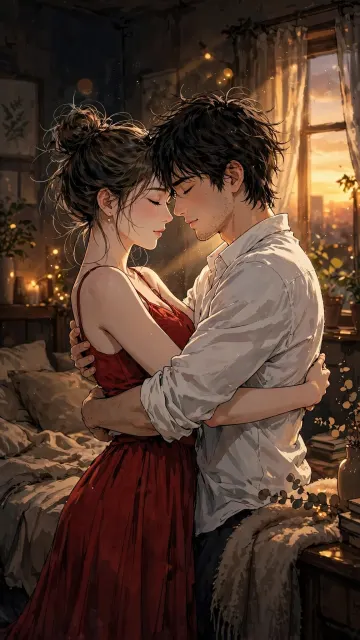 Dark Theme Couple Warm Golden Lighting Forehead Touch Hug