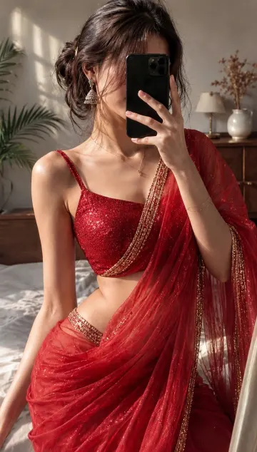 Red Glitter Saree Mirror Selfie Aesthetic - Trendy Ethnic Look