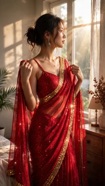 Red Glitter Saree by Window - Morning Sunlight Aesthetic