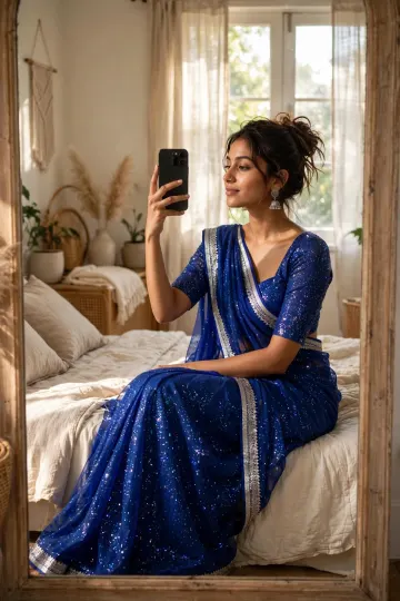 Royal Blue Glitter Saree Mirror Selfie - Aesthetic Look
