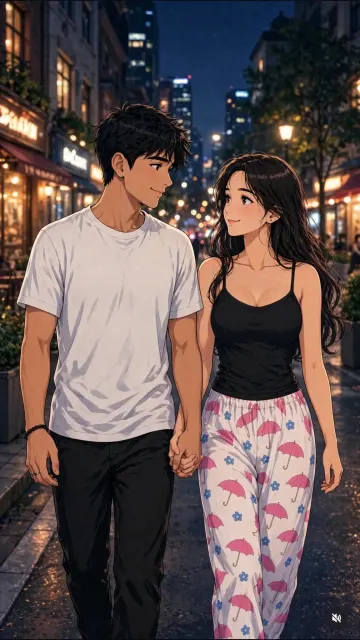 Black Top Night Walk - Couple City Street Wallpaper