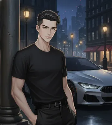 man-black-tshirt-luxury-car-city-night