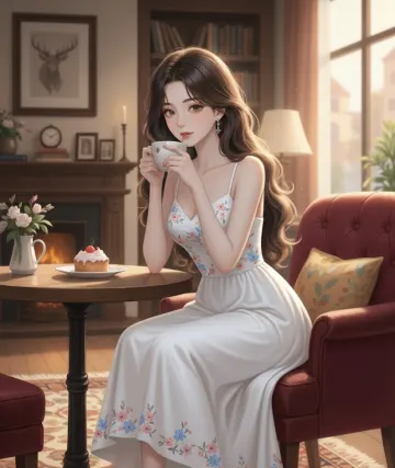 woman_tea_cake_cozy_living_room_lofi