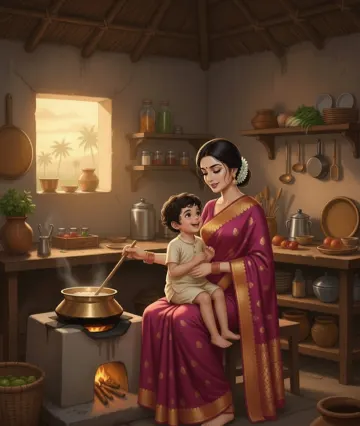 Indian-Mother-Son-Traditional-Kitchen-Cooking