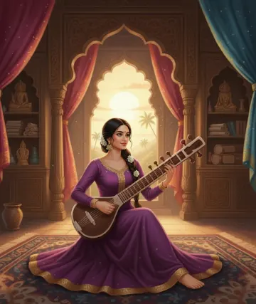 Sitar player indian classical music sunset.