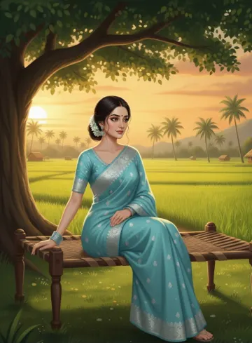 indian-woman-saree-village-sunset-paddy-field