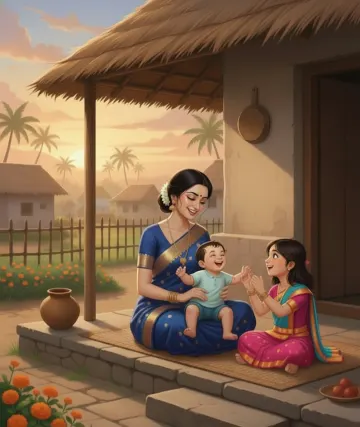 indian-mother-children-village-sunset