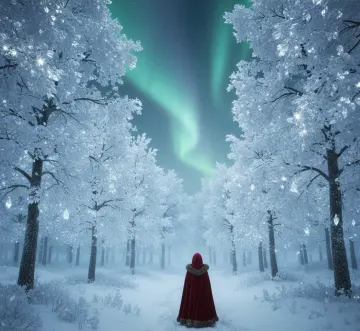 Winter-Forest-Aurora-Red-Cloak-Path