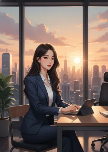business-woman-tablet-office-cityscape-sunset